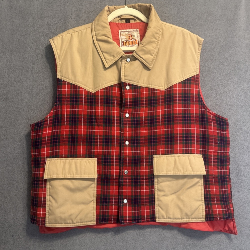 VTG 70s Baracuta Van Heusen Vest Mens XL Tan Red Plaid Chore Camping Lumberjack